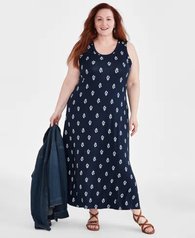 Style & Co Plus Size Printed Sleeveless Maxi Dress, Created For Macy's In Ikat Blue