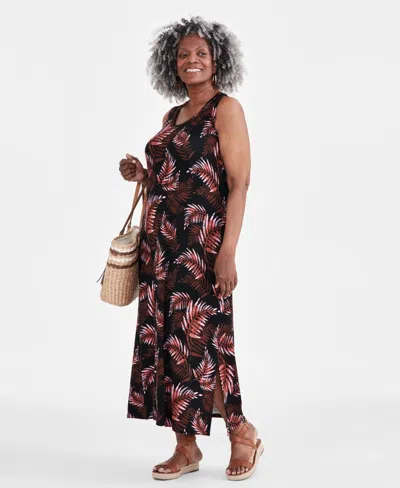 Style & Co Plus Size Printed Sleeveless Maxi Dress, Created For Macy's In Palm Black