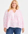 Style & Co Plus Size Printed Smocked Tie-neck Top, Macy's Exclusive In Pink
