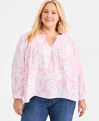Style & Co Plus Size Printed Smocked Tie-neck Top, Macy's Exclusive In Pink