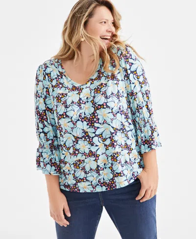 Style & Co Plus Size Printed Smocked-trim 3/4-sleeve Top, Exclusively At Macy's In Blooming Blue