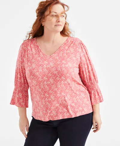 Style & Co Plus Size Printed Smocked-trim 3/4-sleeve Top, Exclusively At Macy's In Dot Pink