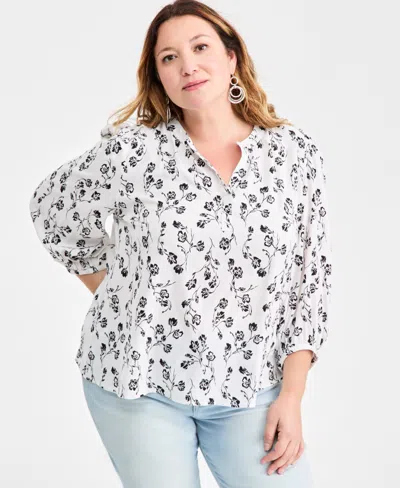 Style & Co Plus Size Printed Split-neck Popover Top, Macy's Exclusive In White