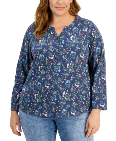Style & Co Plus Size Printed Split-neck Top, Created For Macy's In Uniform Blue