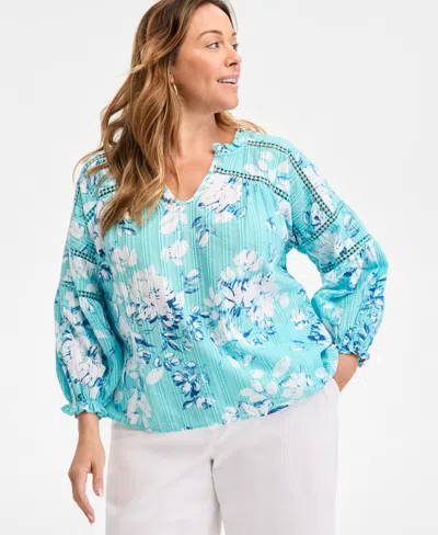 Style & Co Women's Printed Cotton Crochet-trim Top, Exclusively At Macy's In Floral Aqua