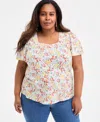 Style & Co Plus Size Printed Square-neck Short-sleeve Top, Exclusively At Macy's