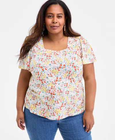 Style & Co Plus Size Printed Square-neck Short-sleeve Top, Exclusively At Macy's In White