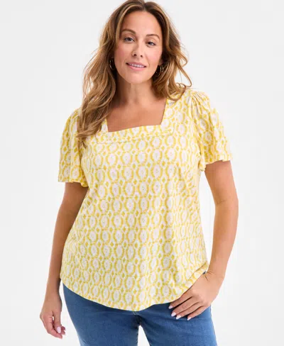 Style & Co Plus Size Printed Square-neck Short-sleeve Top, Exclusively At Macy's In Yellow