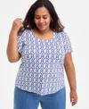 Style & Co Plus Size Printed Square-neck Short-sleeve Top, Exclusively At Macy's In Blue