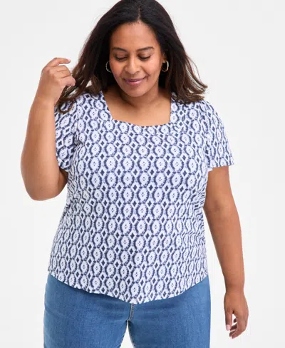 Style & Co Plus Size Printed Square-neck Short-sleeve Top, Exclusively At Macy's In Blue