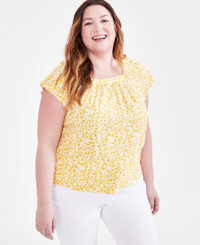Style & Co Plus Size Printed Square-neck Top, Created For Macy's In Garden Corn Yellow