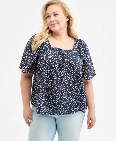 Style & Co Plus Size Printed Square-neck Top, Exclusively At Macy's In Fauna Industrial Blue