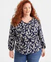 Style & Co Plus Size Printed Tassel-tie Long-sleeve Blouse, Created For Macy's In Floral Blue