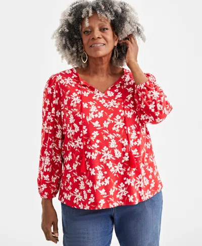 Style & Co Plus Size Printed Tassel-tie Long-sleeve Blouse, Created For Macy's In Floral Red