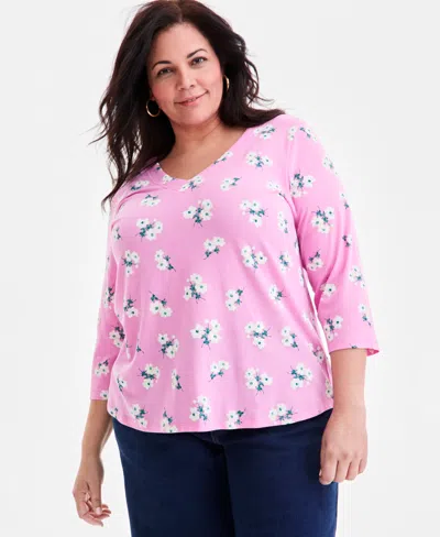 Style & Co Plus Size Printed V-neck 3/4-sleeve Top, Macy's Exclusive In Pink