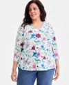 Style & Co Plus Size Printed V-neck 3/4-sleeve Top, Macy's Exclusive In Brown