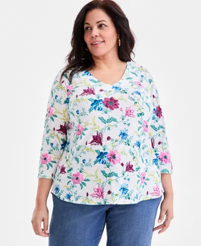 Style & Co Plus Size Printed V-neck 3/4-sleeve Top, Macy's Exclusive In Brown