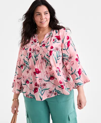 Style & Co Plus Size Printed V-neck Ruffle-cuff Blouse, Exclusively At Macy's