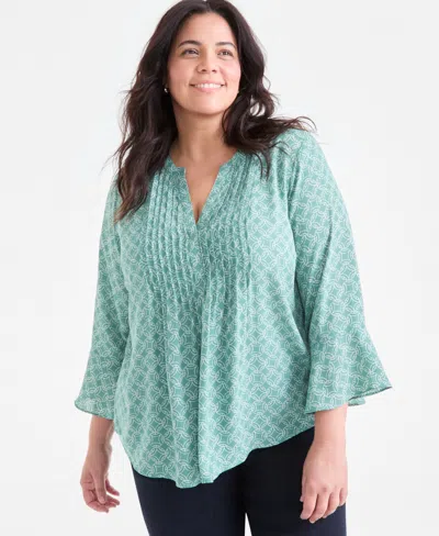 Style & Co Plus Size Printed V-neck Ruffle-cuff Blouse, Exclusively At Macy's