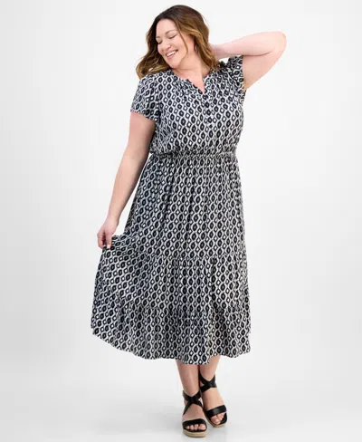 Style & Co Plus Size Printed V-neck Short-sleeve Dress, Exclusively At Macy's In Black