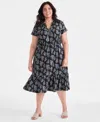 Style & Co Plus Size Printed V-neck Short-sleeve Midi Dress, Exclusively At Macy's In Black