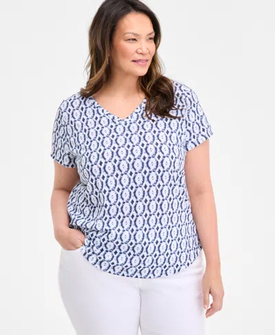 Style & Co Plus Size Printed V-neck T-shirt, Exclusively At Macy's In Blue