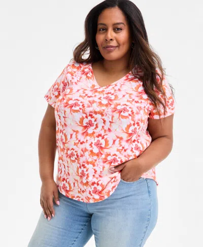 Style & Co Plus Size Printed V-neck T-shirt, Exclusively At Macy's In Orange