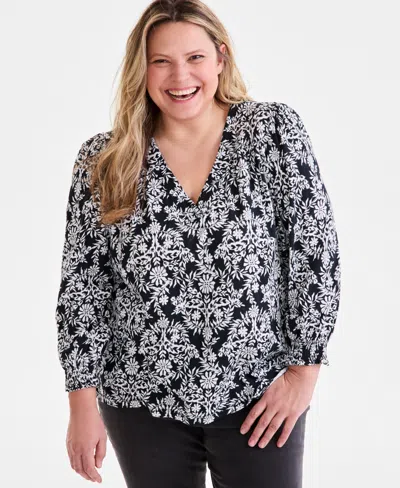 Style & Co Women's Printed V-neck Smocked-cuff Top, Exclusively At Macy's In Floral Black