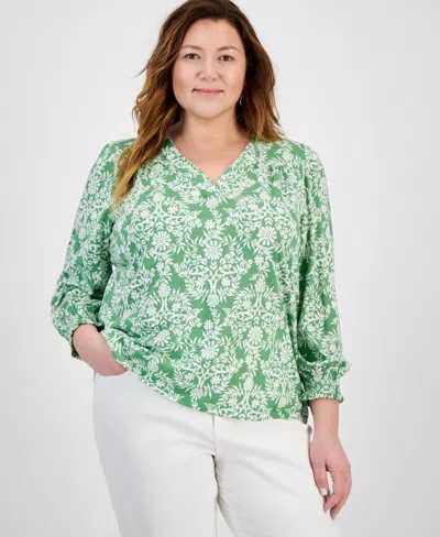 Style & Co Plus Size Printed V-neck Top, Exclusively At Macy's In Floral Green