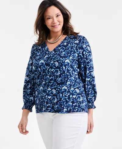 Style & Co Plus Size Printed V-neck Top, Exclusively At Macy's In Gram Blue