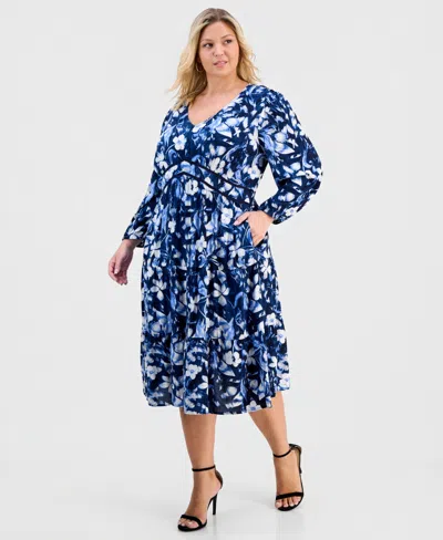 Style & Co Plus Size Printed V-neck Waist-trim Dress, Macy's Exclusive In Blue