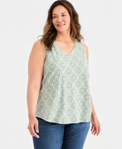 Style & Co Plus Size Printed V-neck Tank Top, Macy's Exclusive In Green