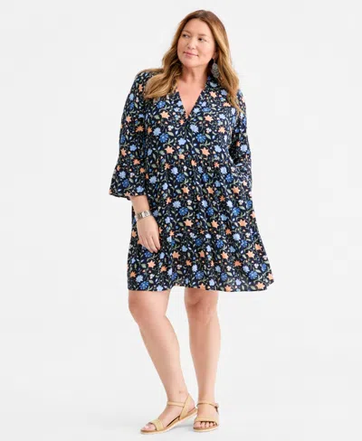 Style & Co Plus Size Printed V-neck Tiered Dress, Macy's Exclusive In Blue