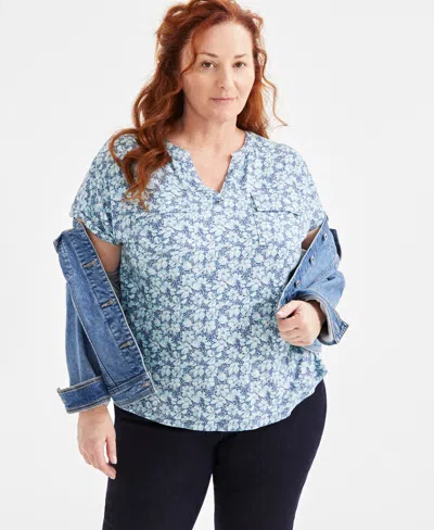 Style & Co Plus Size Printed Y-neck Dolman-sleeve Top, Exclusively At Macy's In Sky Blue