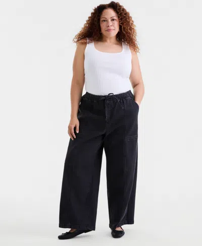 Style & Co Plus Size Pull-on Utility Wide-leg Jeans, Macy's Exclusive In Black