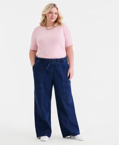 Style & Co Plus Size Pull-on Utility Wide-leg Jeans, Macy's Exclusive In Blue