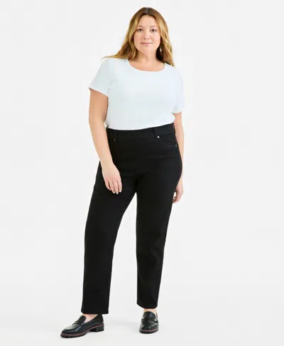Style & Co Plus Size Pull-on Shaping High-rise Straight-leg Jeans, Macy's Exclusive In Black