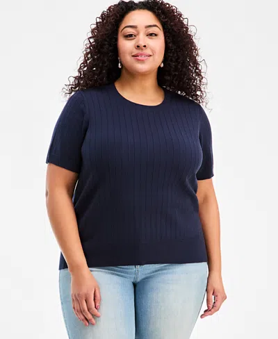 Style & Co Plus Size Ribbed Short-sleeve Sweater, Macy's Exclusive In Blue