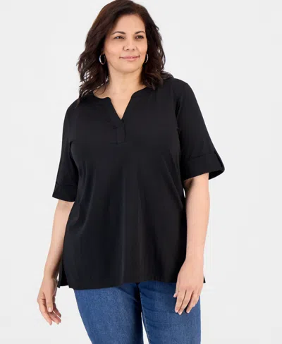 Style & Co Plus Size Roll-tab Elbow-sleeve T-shirt, Macy's Exclusive In Black