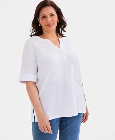 Style & Co Plus Size Roll-tab Elbow-sleeve T-shirt, Macy's Exclusive In White