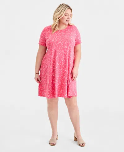 Style & Co Plus Size Round-neck Short-sleeve T-shirt Dress, Macy's Exclusive In Pink