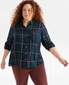 Style & Co Plus Size Sarah Plaid Perfect Shirt, Macy's Exclusive In Blue