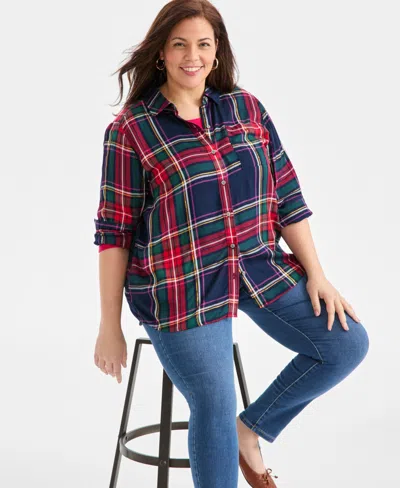 Style & Co Plus Size Sarah Plaid Perfect Shirt, Macy's Exclusive In Blue