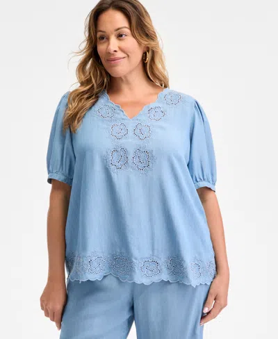 Style & Co Petite Embroidered Eyelet Scallop-edge Top, Exclusively At Macy's In Anna Wash