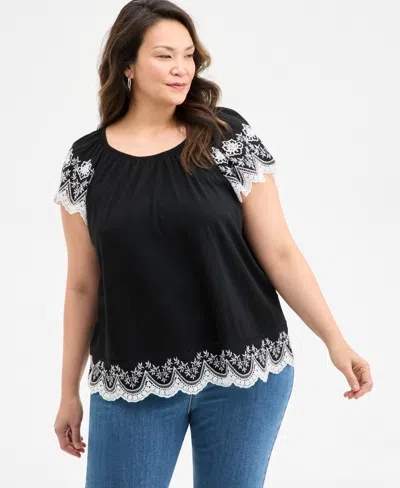 Style & Co Plus Size Scalloped-hem Flutter-sleeve Top, Exclusively At Macy's In Flutter Black