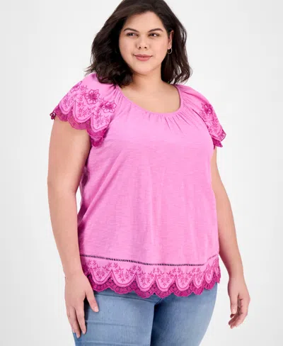 Style & Co Plus Size Scalloped-hem Flutter-sleeve Top, Exclusively At Macy's In Flutter Plum