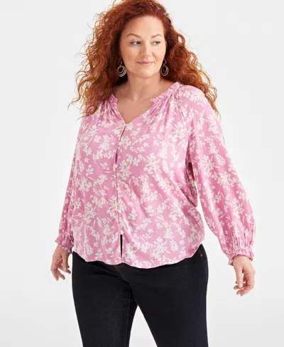 Style & Co Plus Size Printed Shine V-neck Blouse, Created For Macy's In Floral Pinkrain