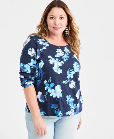 Style & Co Plus Size Scoop-neck Long-sleeve Knit Top, Macy's Exclusive In Blue