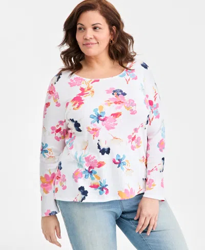 Style & Co Plus Size Scoop-neck Long-sleeve Knit Top, Macy's Exclusive In White
