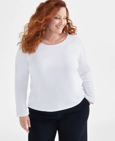 Style & Co Plus Size Scoop-neck Long-sleeve Top, Created For Macy's In Bright White